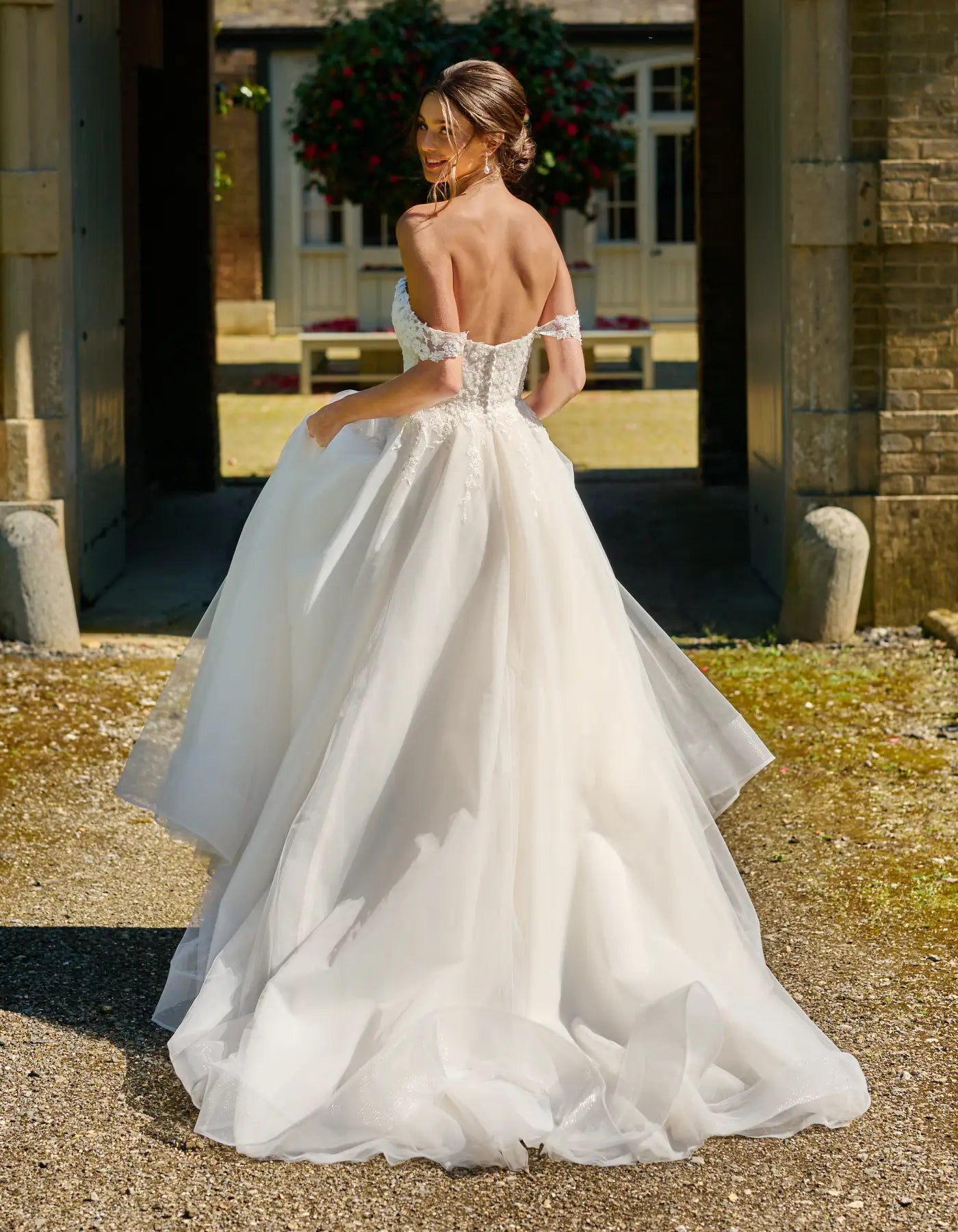 an off-the-shoulder tulle a-line