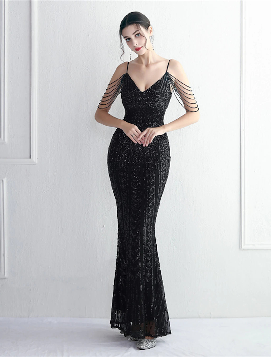 Mermaid / Trumpet Evening Gown Sparkle & Shine Dress Formal Floor Length Short Sleeve Spaghetti Strap Polyester with Beading Sequin
