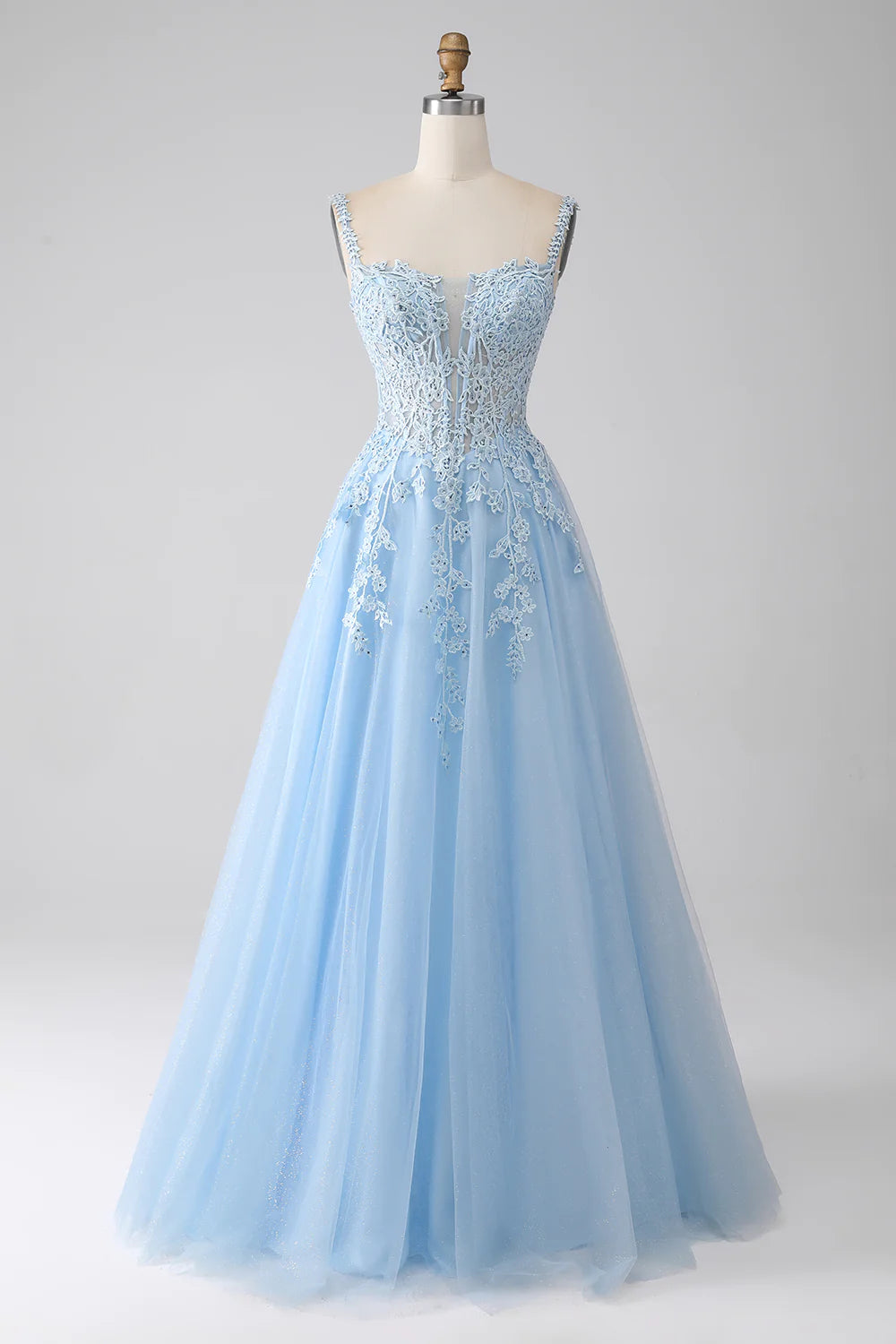 DingJiDress A-Line Light Blue Corset Prom Dress with Appliques