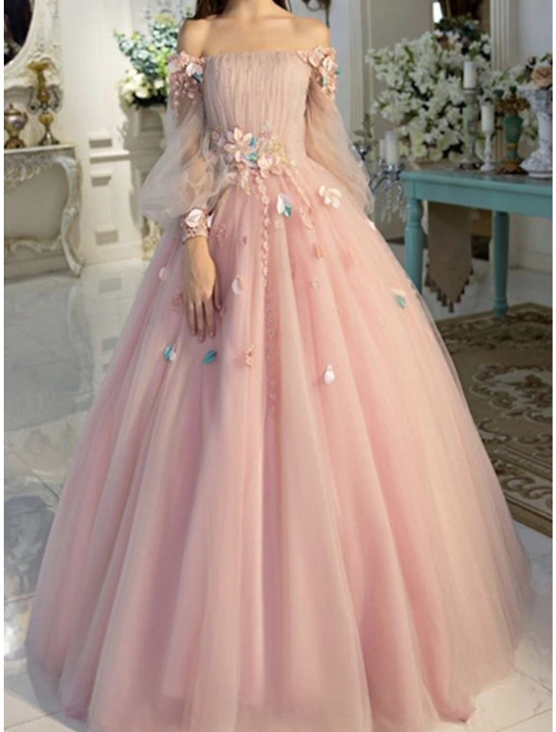 Ball Gown Quinceanera Dresses Floral Dress Wedding Prom Floor Length Long Sleeve Off Shoulder Tulle with Appliques