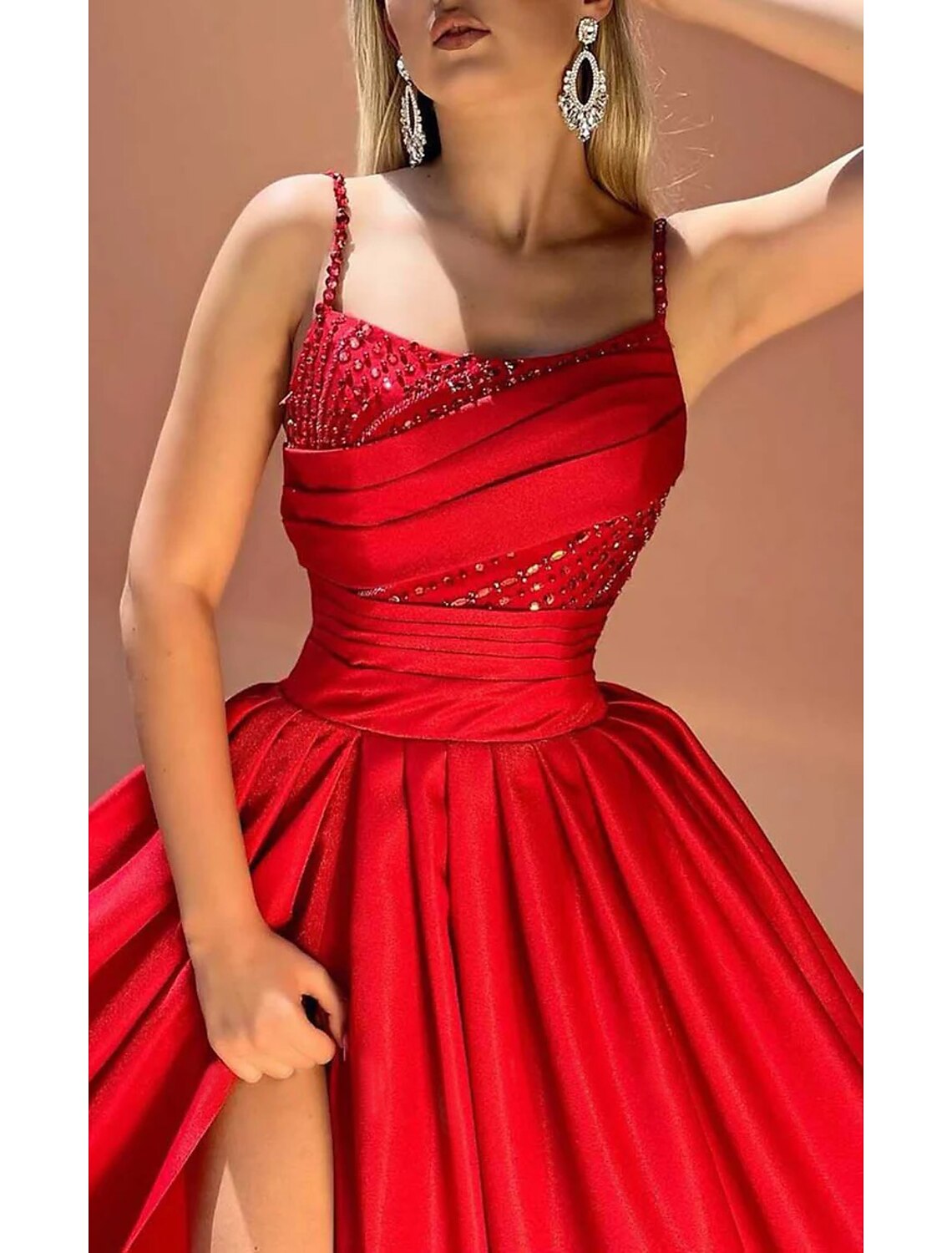 A-Line Evening Gown Glittering Dress Formal Christmas Court Train Sleeveless Spaghetti Strap Satin with Ruched Sequin