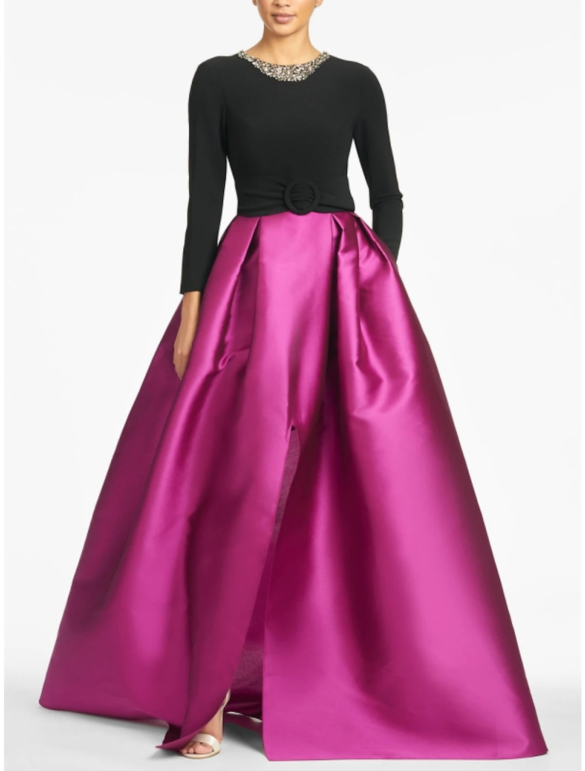 A-Line Evening Gown High Split wedding guest Dress Formal Fall Floor Length Long Sleeve color contrast Jewel Neck Satin with Crystals