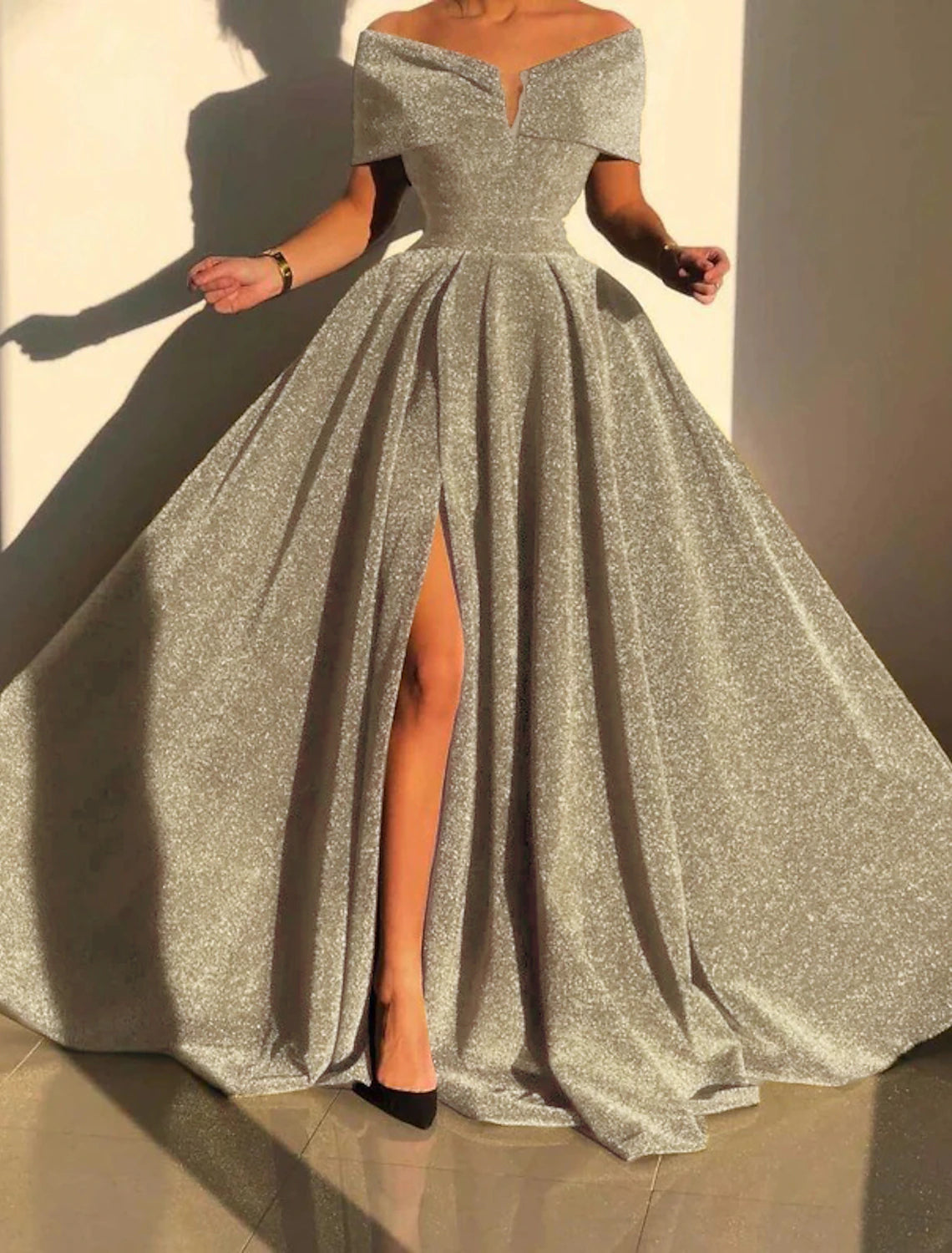 A-Line Sequin Evening Gown Prom Silver Green Sparkle & Shine Black Party Formal Dress Formal Fall Court Train Sleeveless Off Shoulder Slit