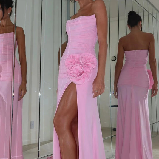 DingJiDress Elegant Strapless Scoop Neck Pleated Flower with Slit Exquisite Prom Dress