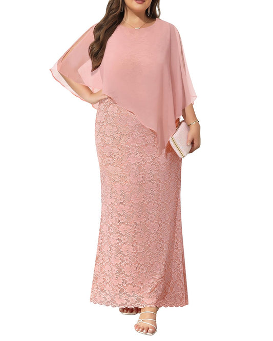 DingJiDress Mother of the Groom / Bride Dresses Plus Size Cape Dress with Chiffon Overlay Gown Lace Long Mermaid Dresses Formal Dresses Wedding Guest Dress