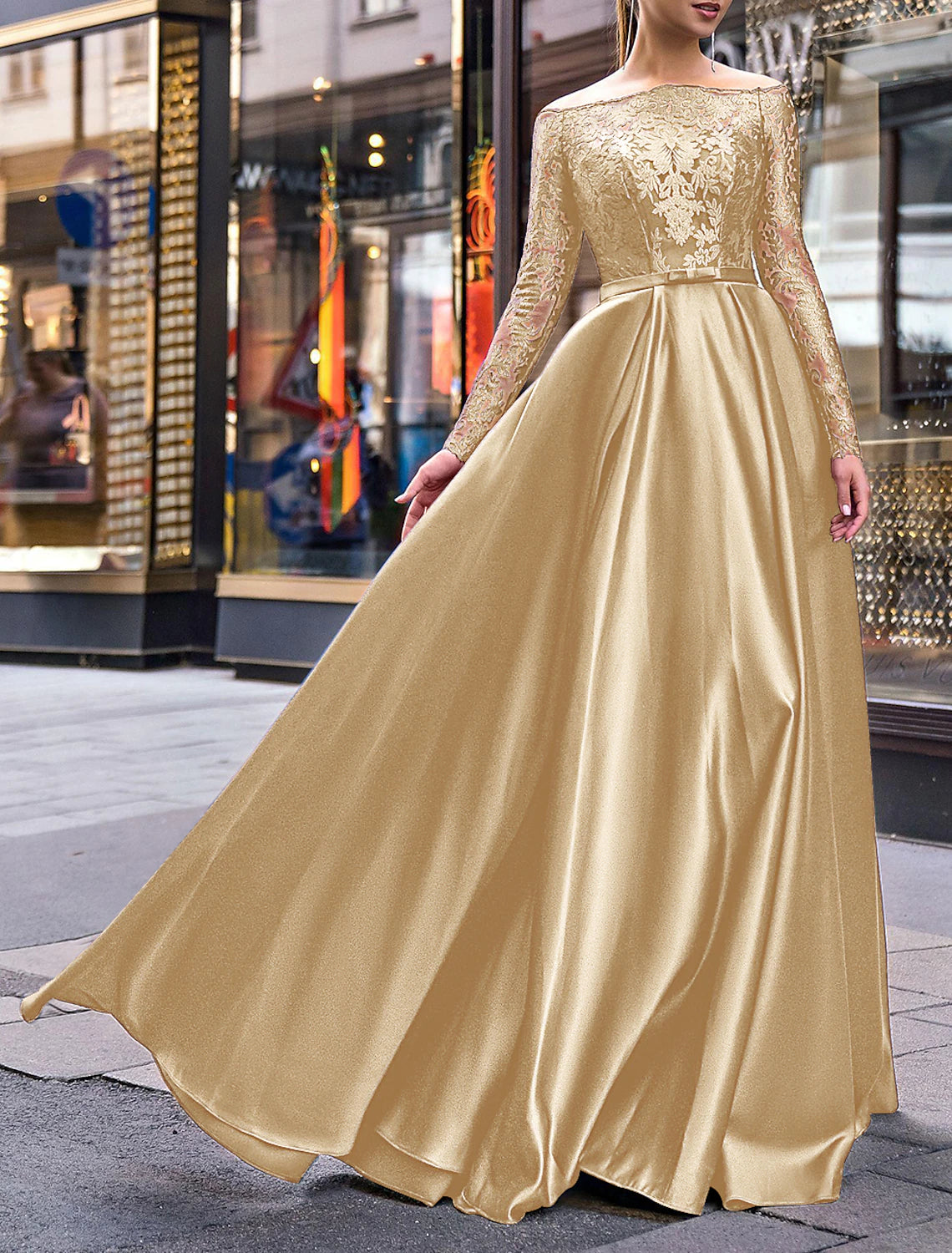 A-Line Evening Gown Party Dress Christmas Red Green Dress Elegant Dress Wedding Guest Fall Floor Length Long Sleeve Off Shoulder Belt / Sash Satin with Appliques