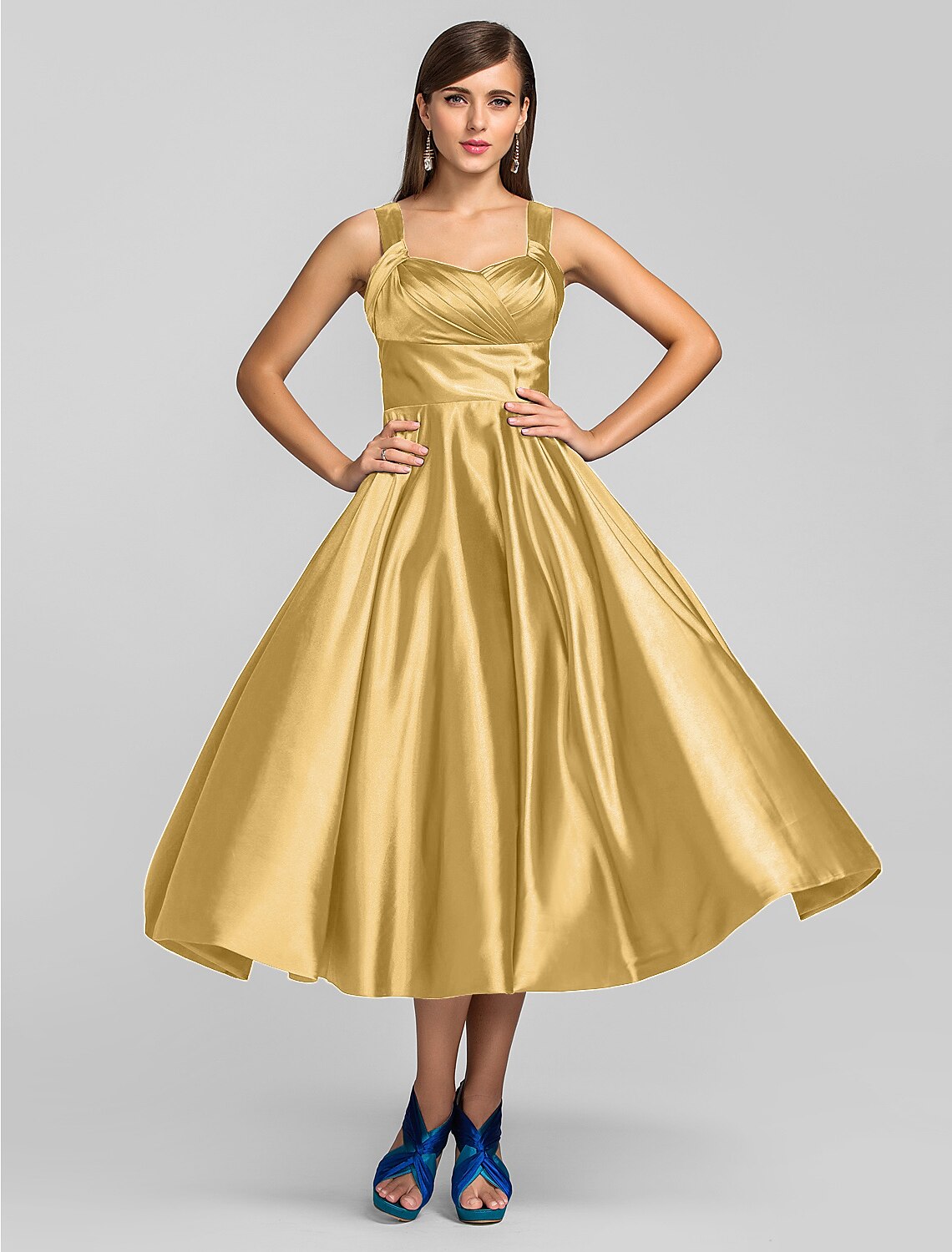 A-Line Minimalist Dress Wedding Guest Tea Length Sleeveless Square Neck Stretch Satin with Criss Cross