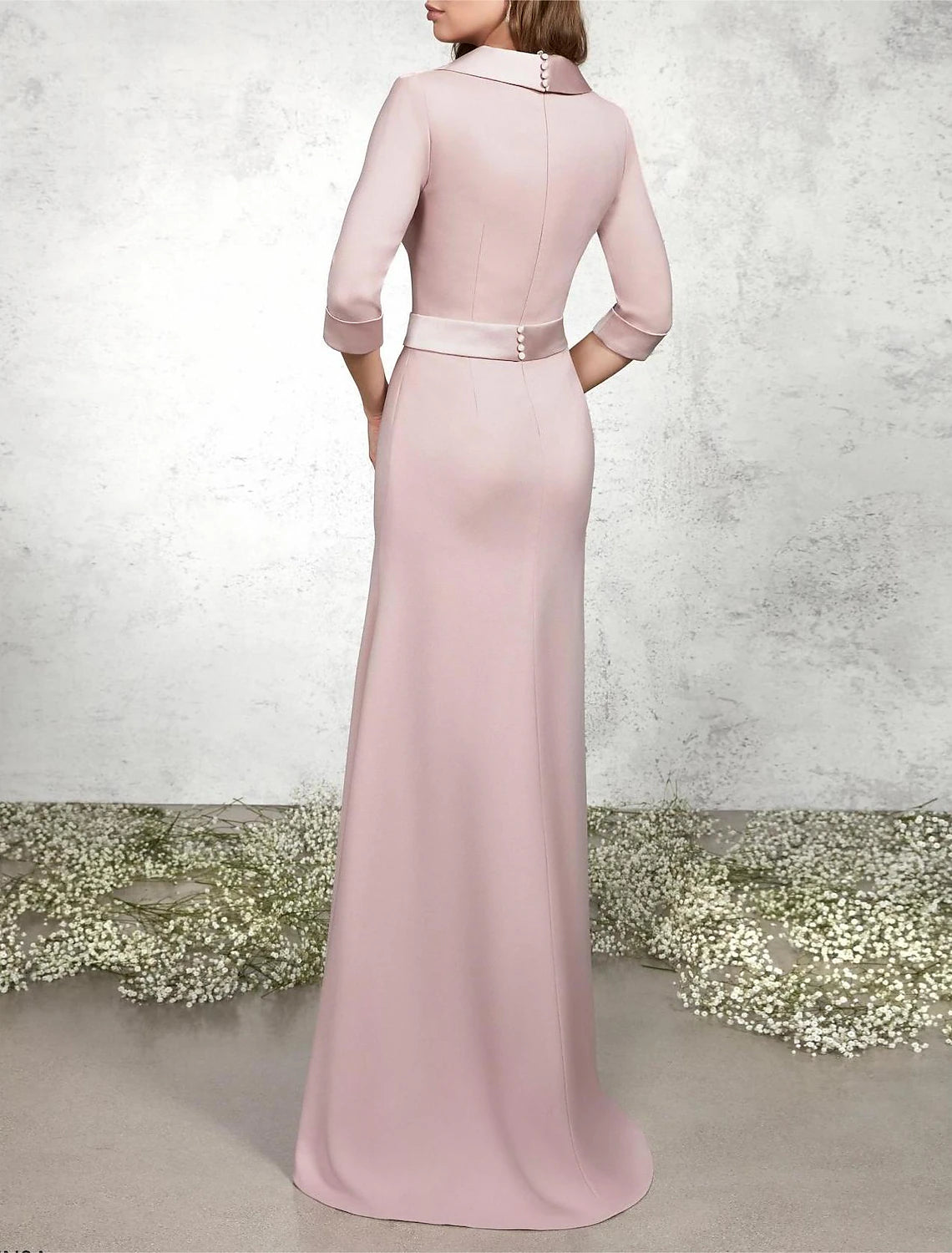 A-Line Mermaid / Trumpet Mother of the Bride Dress Formal Wedding Guest Elegant V Neck Floor Length Chiffon Satin Half Sleeve with Sash / Ribbon Bow(s) Buttons
