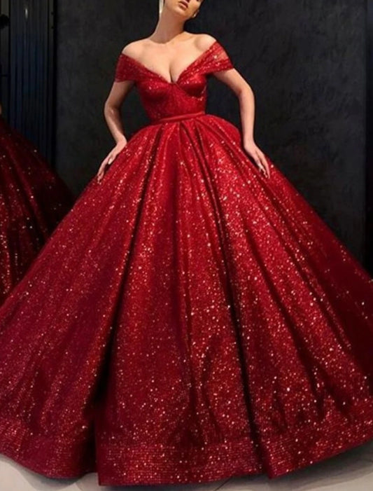 Ball Gown Evening Gown Luxurious Dress Engagement Formal Evening Floor Length Short Sleeve V Neck Lace with Pleats