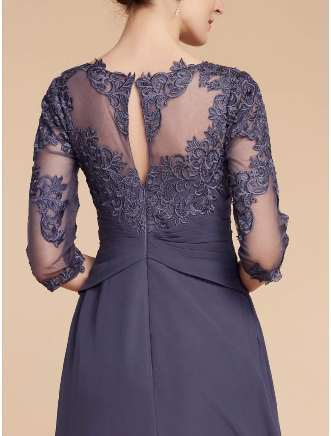 A-Line Mother of the Bride Dress Wedding Guest Elegant Scoop Neck Ankle Length Chiffon Lace 3/4 Length Sleeve with Ruching