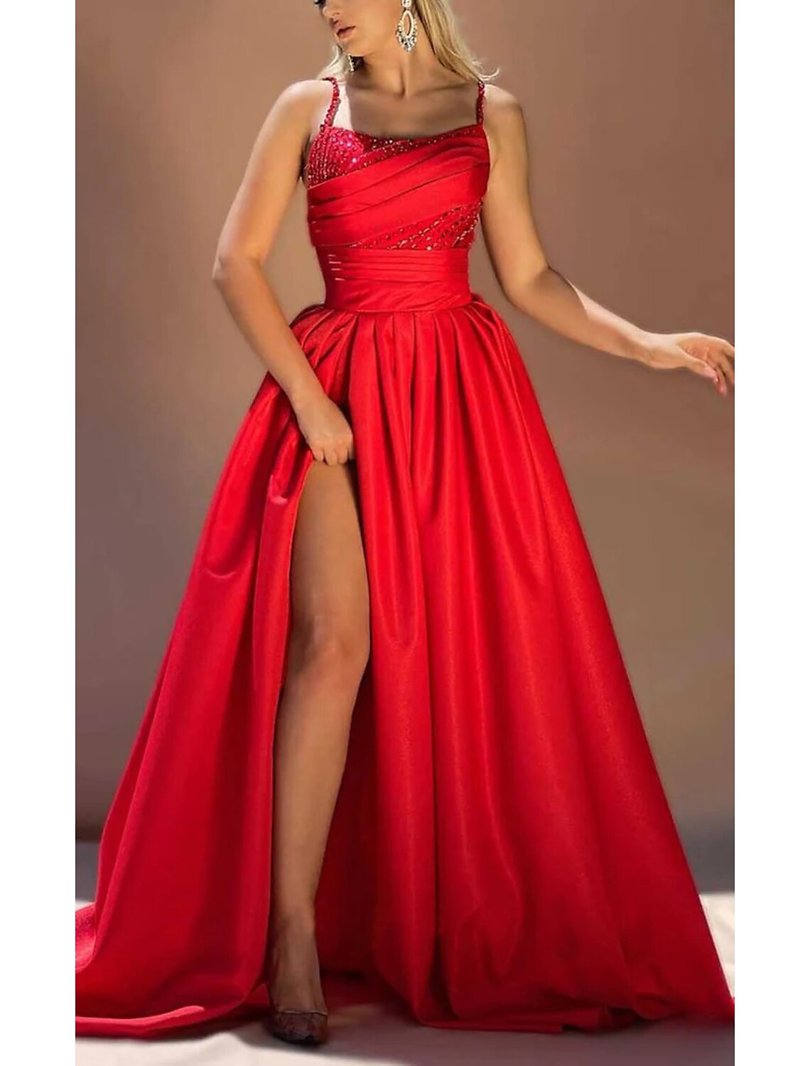 A-Line Evening Gown Glittering Dress Formal Christmas Court Train Sleeveless Spaghetti Strap Satin with Ruched Sequin