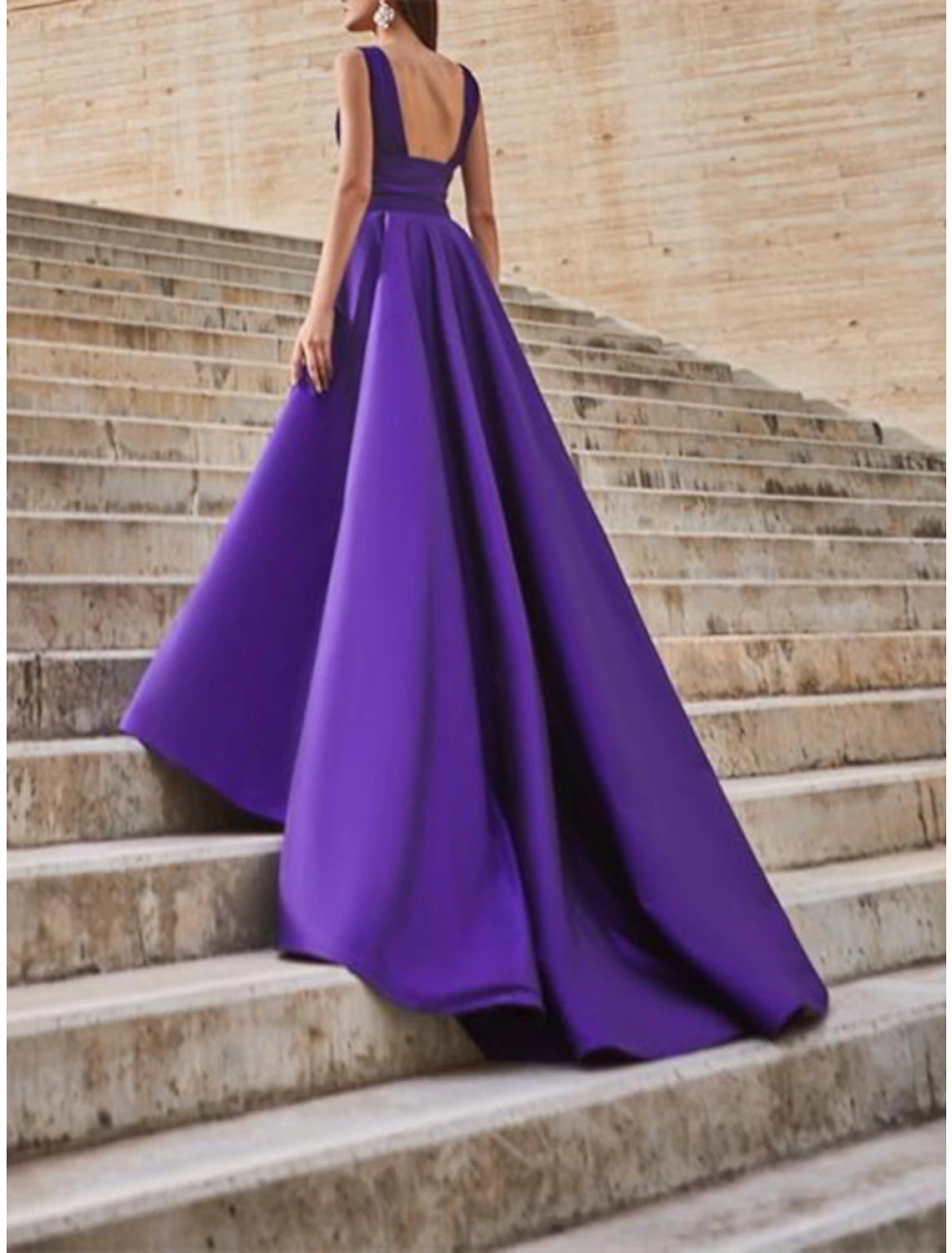 A-Line Celebrity Style Minimalist Elegant Engagement Prom Dress V Neck Sleeveless Court Train Satin with Slit Overskirt