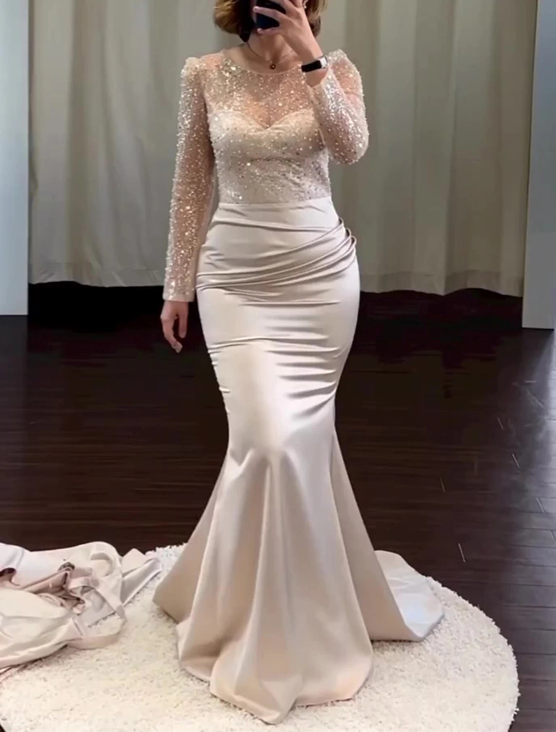 Mermaid / Trumpet Evening Gown Convertible Infinity Dress Wedding Black Tie Floor Length Long Sleeve Jewel Neck Detachable Satin with Pearls