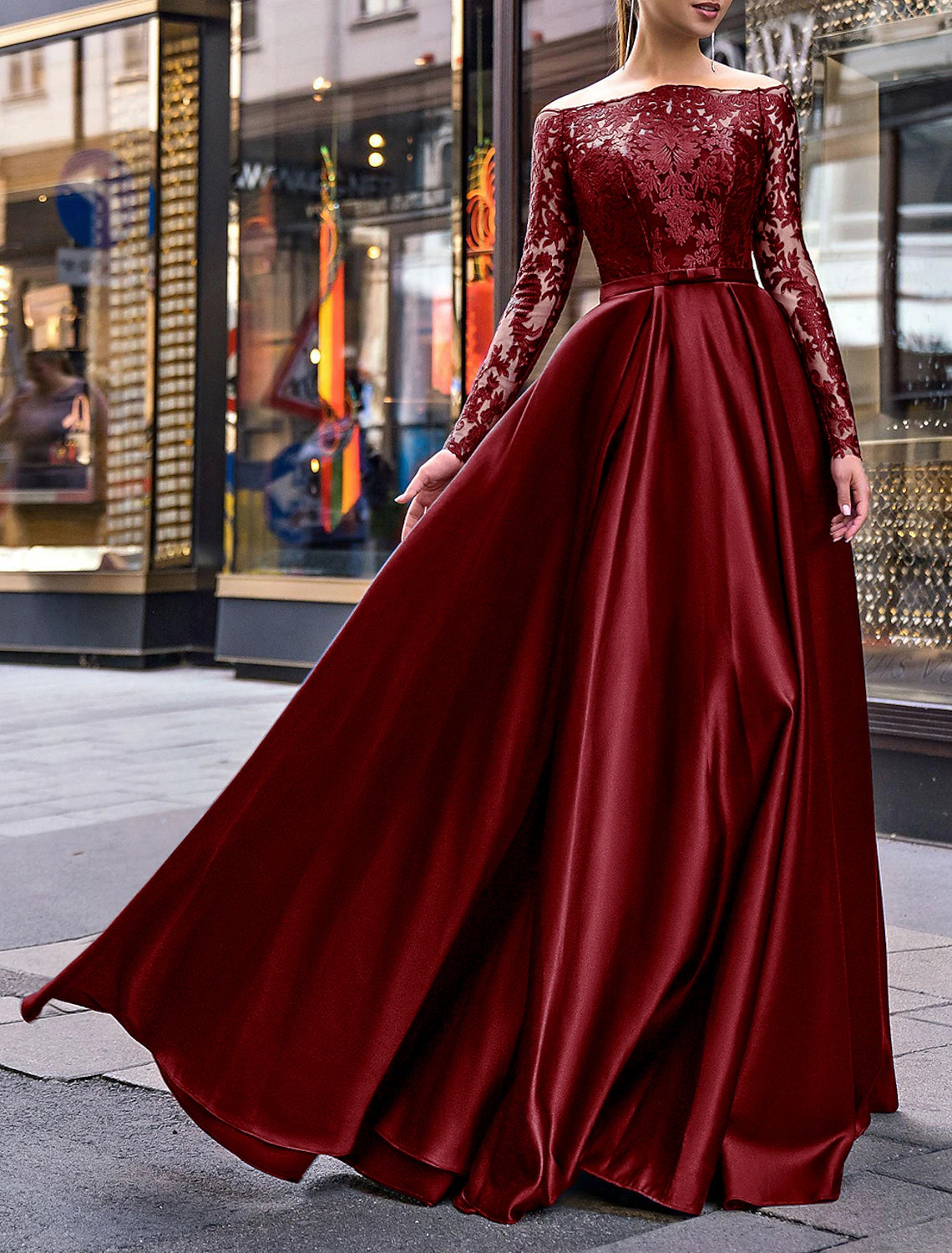 A-Line Evening Gown Party Dress Christmas Red Green Dress Elegant Dress Wedding Guest Fall Floor Length Long Sleeve Off Shoulder Belt / Sash Satin with Appliques