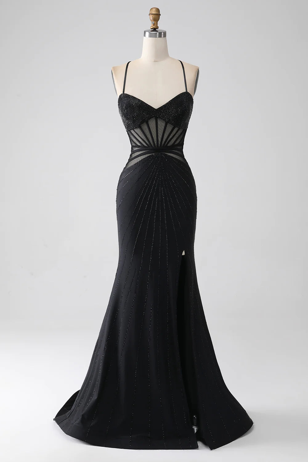 DingJiDress Mermaid Black Spaghetti Straps Long Prom Dress with Slit