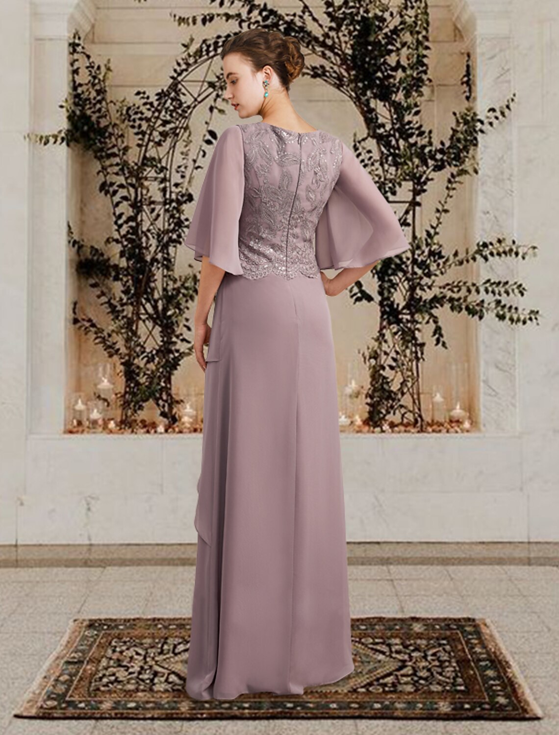 Mother of the Bride Dress Plus Size Elegant Jewel Neck Floor Length Chiffon Lace Short Sleeve with Ruffles Appliques