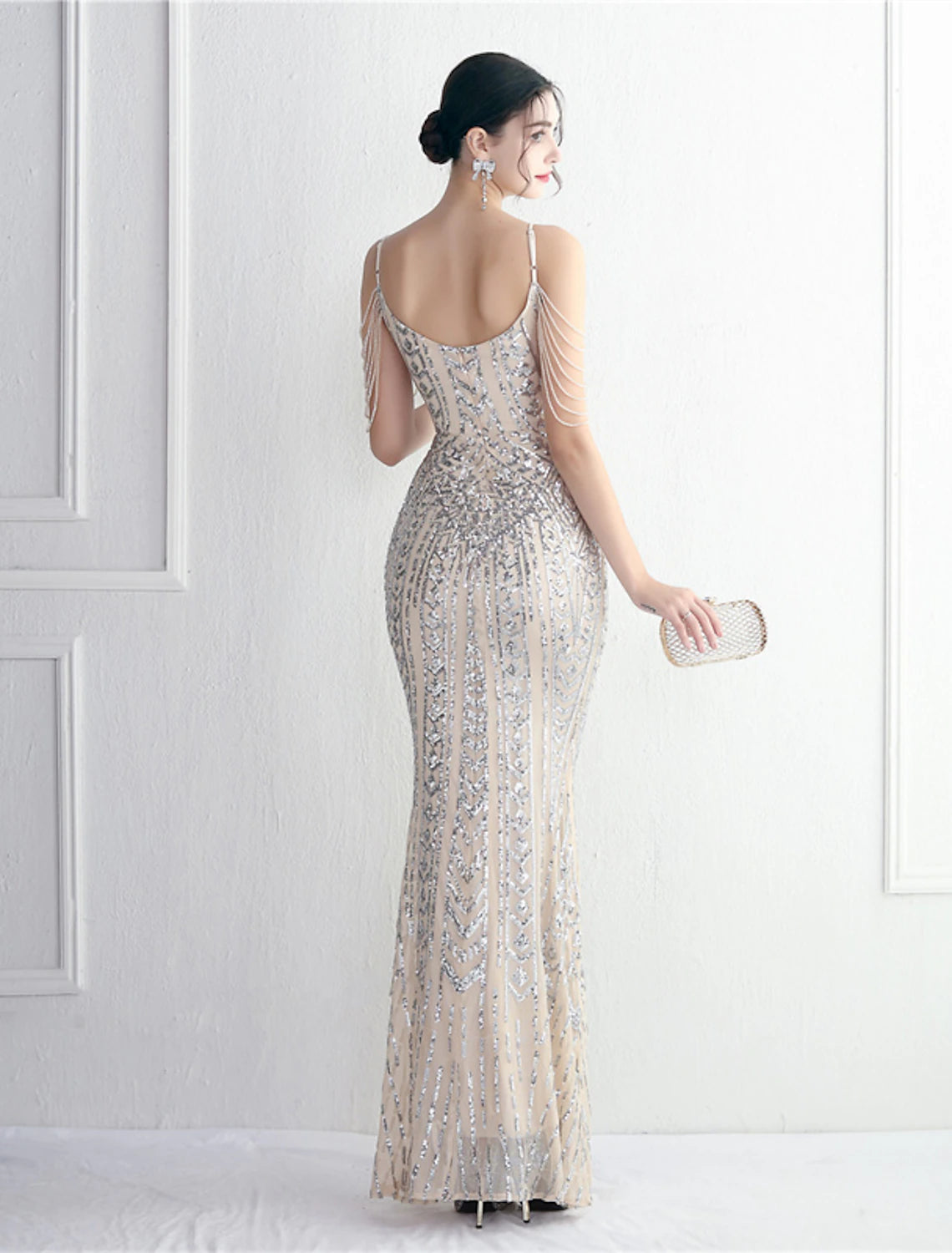 Mermaid / Trumpet Evening Gown Sparkle & Shine Dress Formal Floor Length Short Sleeve Spaghetti Strap Polyester with Beading Sequin