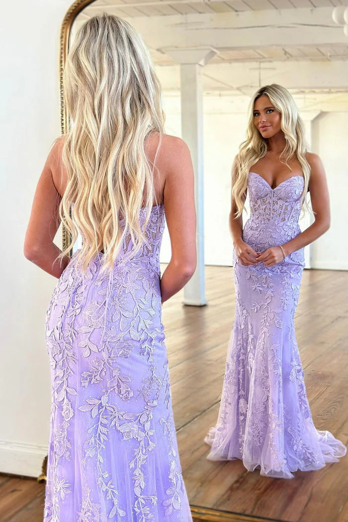 DingJiDress Gorgeous Pink Lace Long Sweetheart Sleeveless Mermaid Appliques Prom Dresses