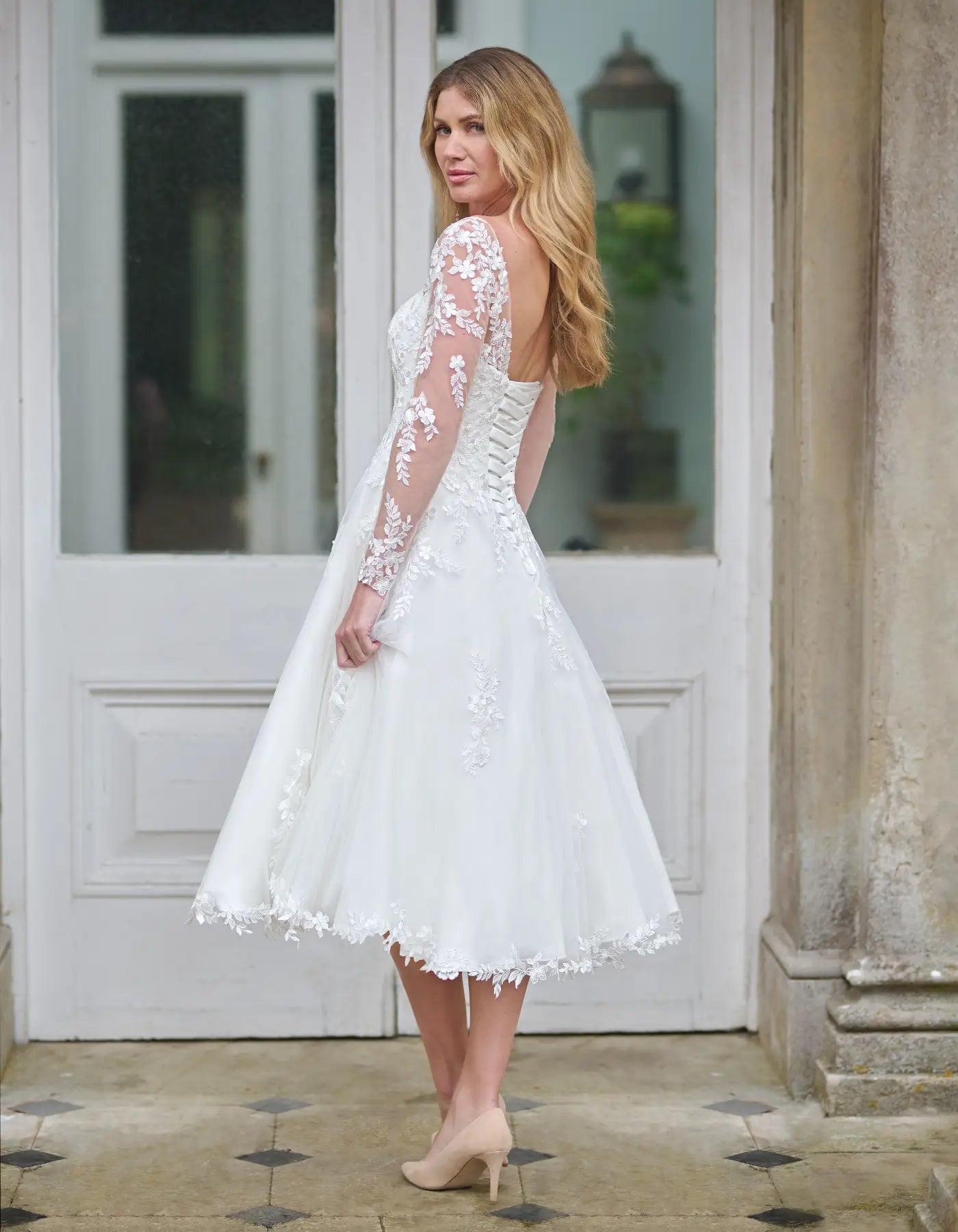 a strapless a-line with floral lace