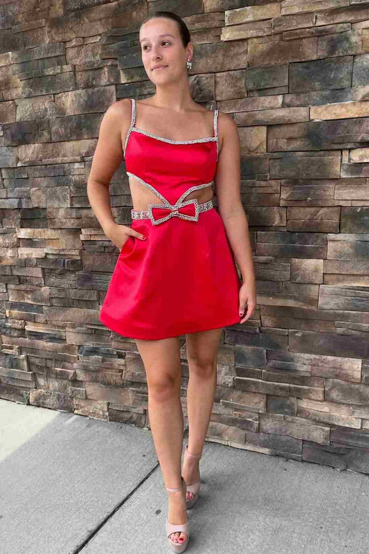 DingJiDress Homecoming Dress Spaghetti Straps Blue Cutout with Bow Graduation Dresses