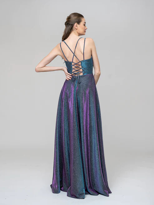 DingJiDress A Line Long Front Slit Metallic Glitter Prom Dresses