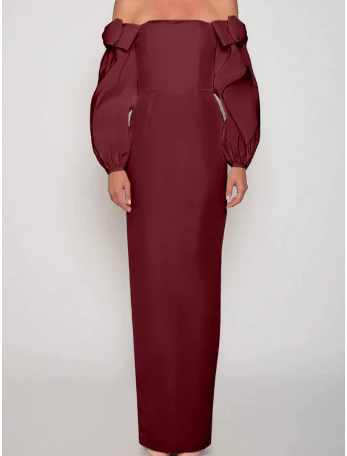 Sheath / Column Evening Gown Elegant Dress Formal Christmas Ankle Length Long Sleeve Off Shoulder Satin with Bow(s) Ruched