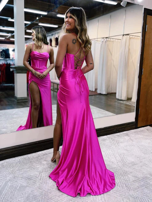 DingJiDress Sheath Satin Corset Prom Dresses With Side Slit