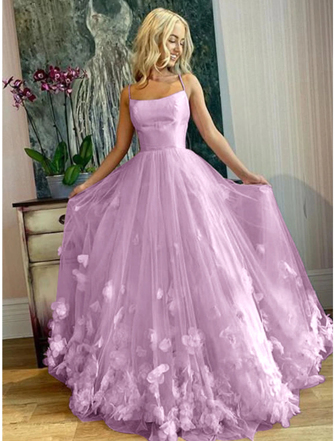 A-Line Prom Dresses Floral Dress Performance Floor Length Sleeveless Spaghetti Strap Tulle with Pleats Appliques