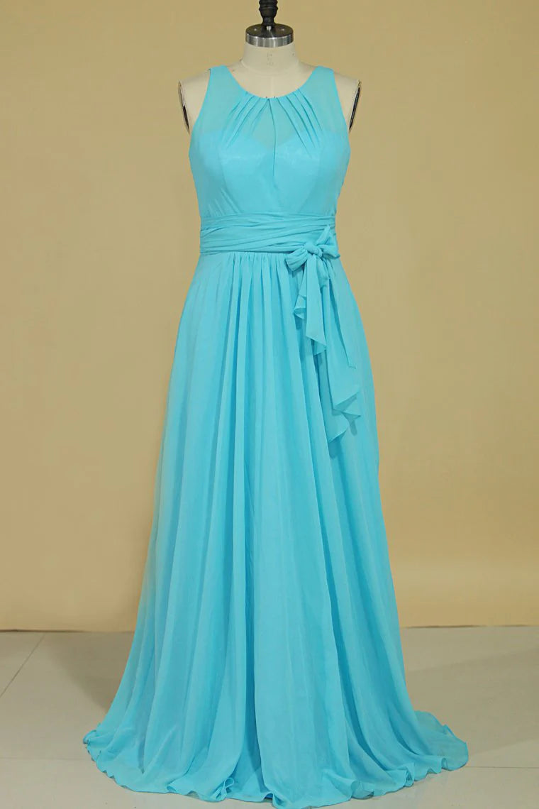 DingJiDress A Line Floor Length Bridesmaid Dresses Scoop Chiffon With Sash