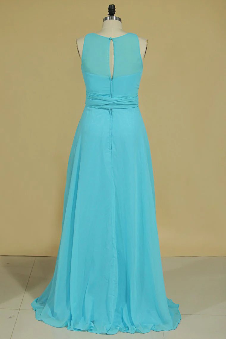 DingJiDress A Line Floor Length Bridesmaid Dresses Scoop Chiffon With Sash