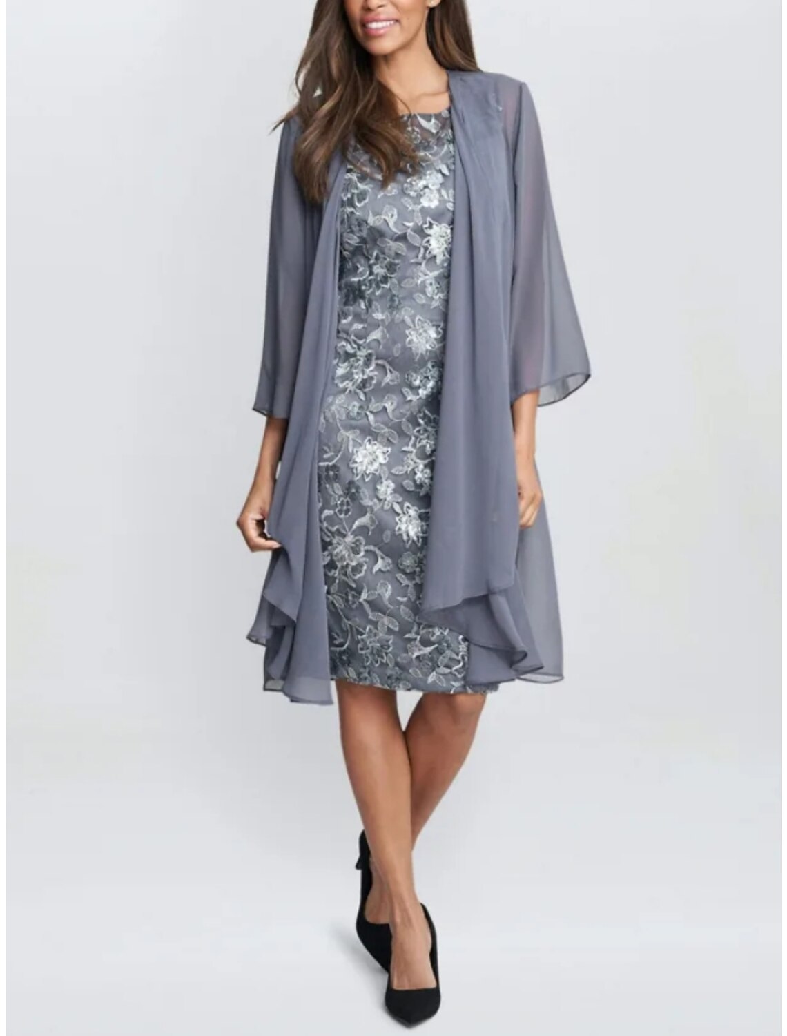 Two Piece Mother of the Bride Dress Wedding Guest Elegant Petite Scoop Neck Knee Length Chiffon Long Sleeve with Ruching Solid Color