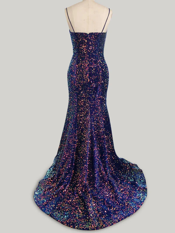 DingJiDress Mermaid Spaghetti Straps Long Sweep Train Velvet Sequin Prom Dress