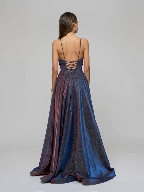 DingJiDress A Line Lace-up Spaghetti Straps Metallic Glitter Prom Dresses