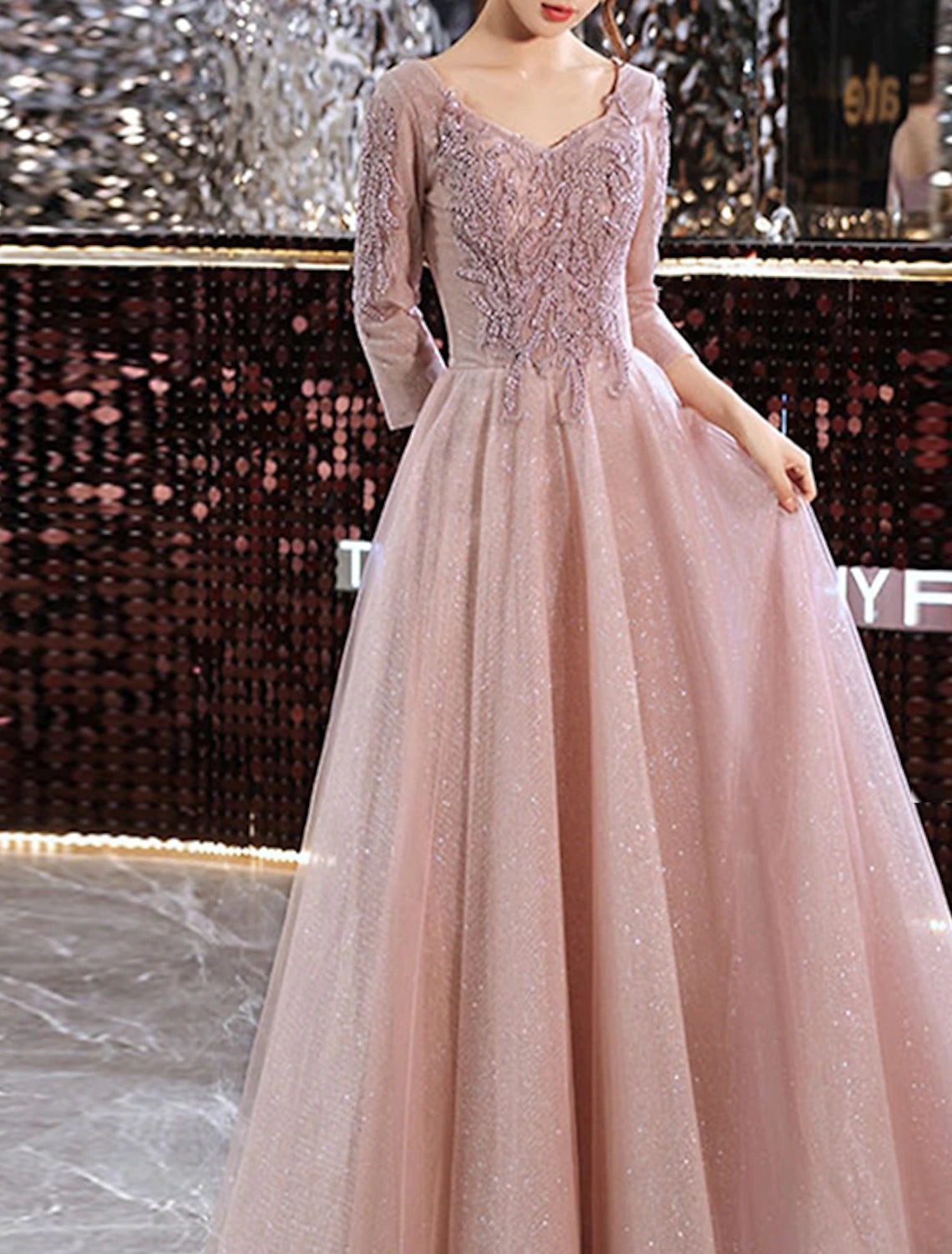 A-Line Prom Dresses Elegant Dress Wedding Guest Prom Floor Length 3/4 Length Sleeve V Neck Lace with Appliques