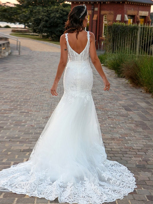 Trumpet/Mermaid Tulle V-neck Sleeveless Applique Sweep/Brush Train Wedding Dresses