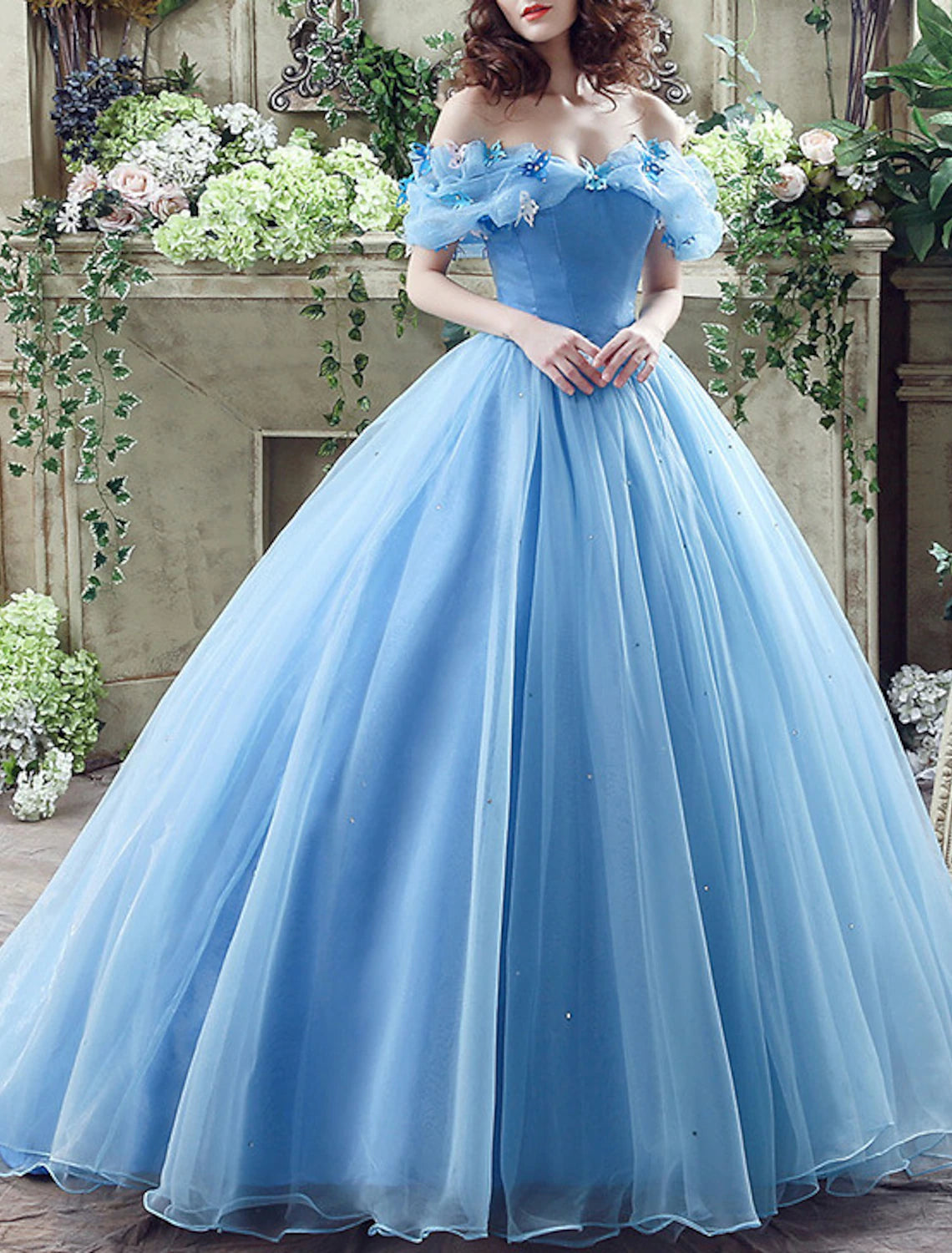 Ball Gown Evening Gown Floral Dress Quinceanera Prom Court Train Short Sleeve Off Shoulder Satin with Appliques