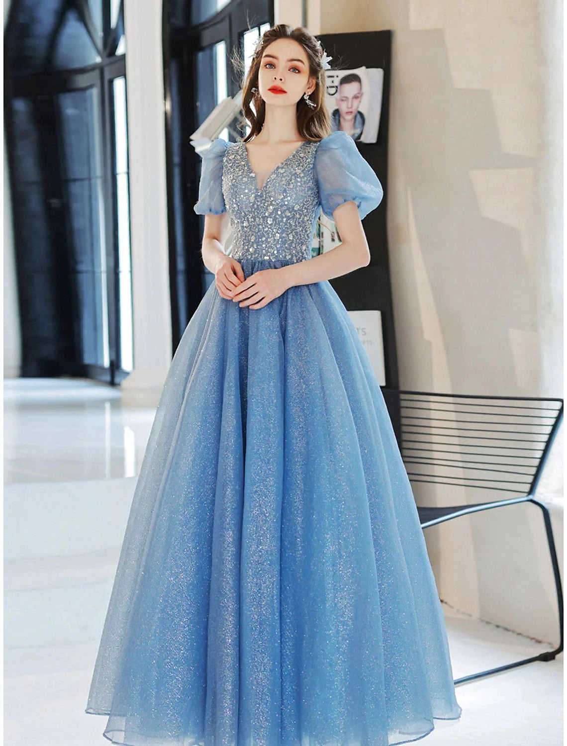 Ball Gown A-Line Evening Gown Floral Dress Prom Floor Length Short Sleeve V Neck Tulle with Glitter Beading Sequin
