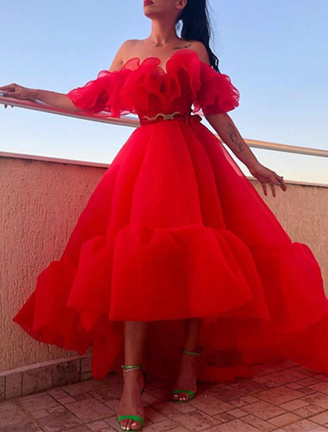 A-Line Evening Gown Celebrity Style Dress Wedding Prom Asymmetrical Sleeveless Off Shoulder Organza with Ruched