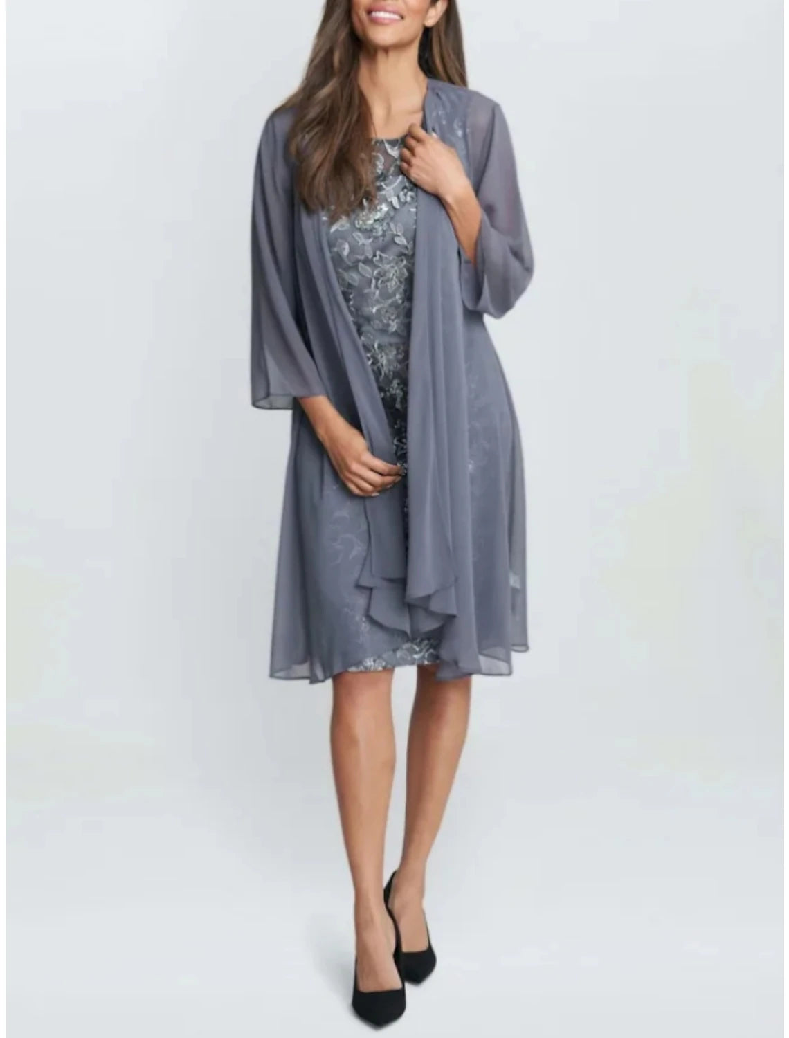 Two Piece Mother of the Bride Dress Wedding Guest Elegant Petite Scoop Neck Knee Length Chiffon Long Sleeve with Ruching Solid Color