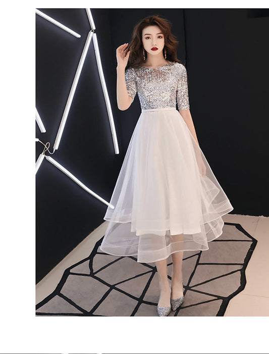 A-Line Sparkle White Cocktail Party Prom Dress Jewel Neck Half Sleeve Tea Length Satin with Sequin