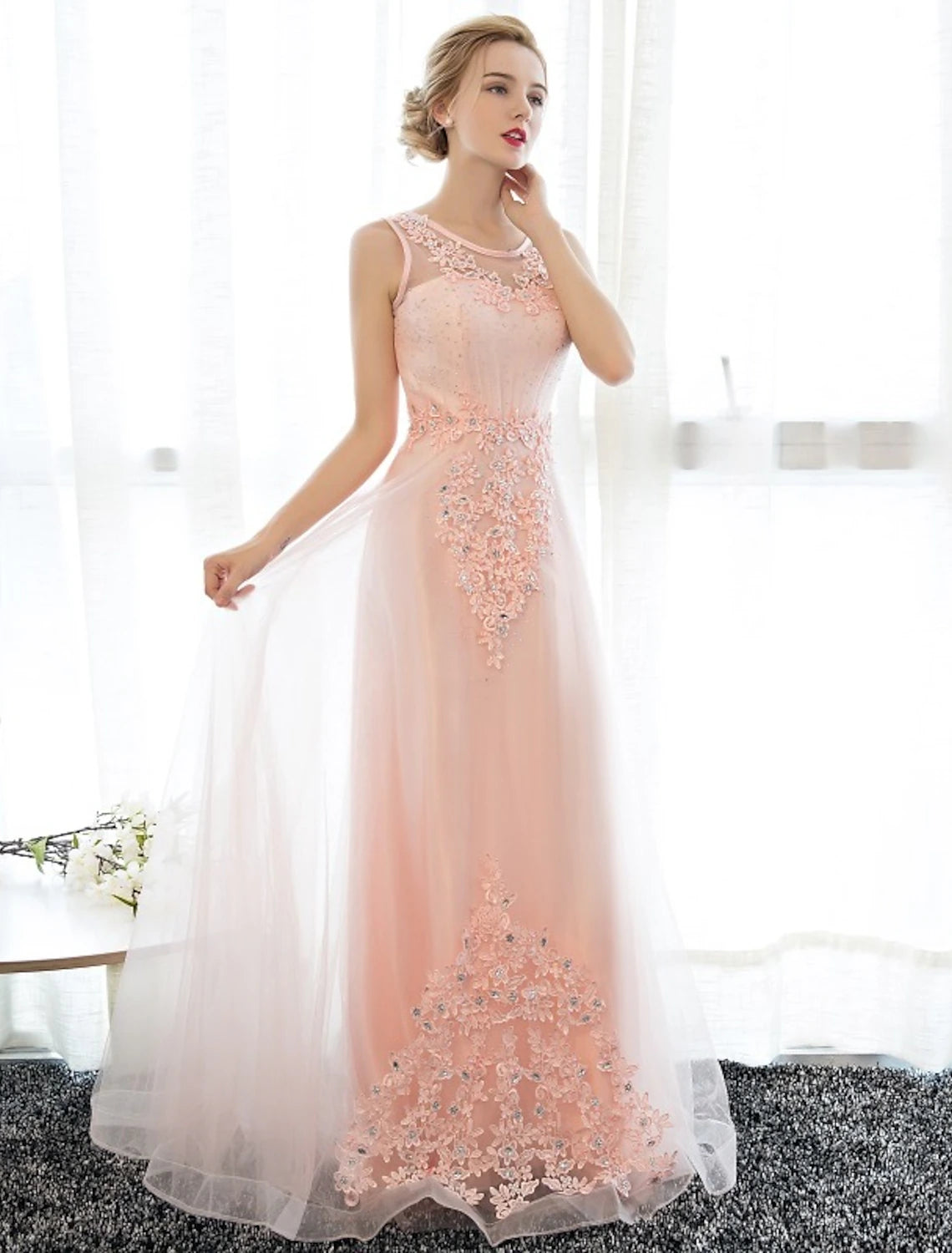 Sheath / Column Dress Wedding Guest Floor Length Sleeveless Illusion Neck Satin with Crystals Appliques