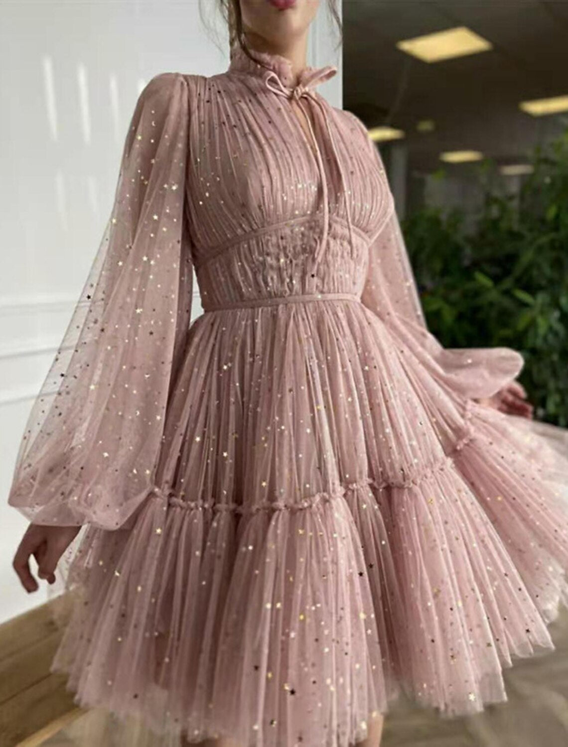 A-Line Party Dresses Vintage Dress Homecoming Graduation Knee Length Long Sleeve High Neck Tulle with Glitter
