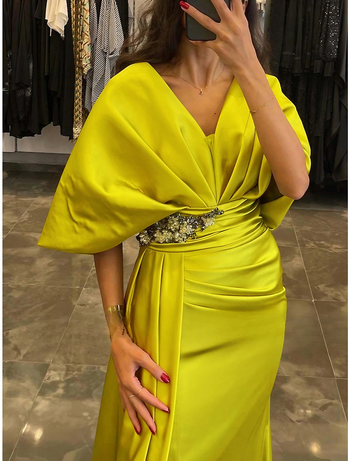 Sheath / Column Evening Gown Elegant Dress Formal Christmas Sweep / Brush Train Half Sleeve V Neck Satin with Pleats Ruched Crystals