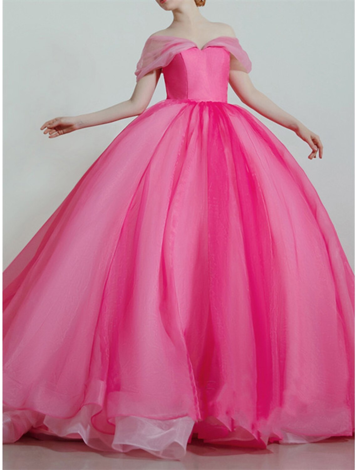 Ball Gown Prom Dresses Luxurious Dress Quinceanera Prom Sweep / Brush Train Short Sleeve Off Shoulder Organza with Sleek Pleats