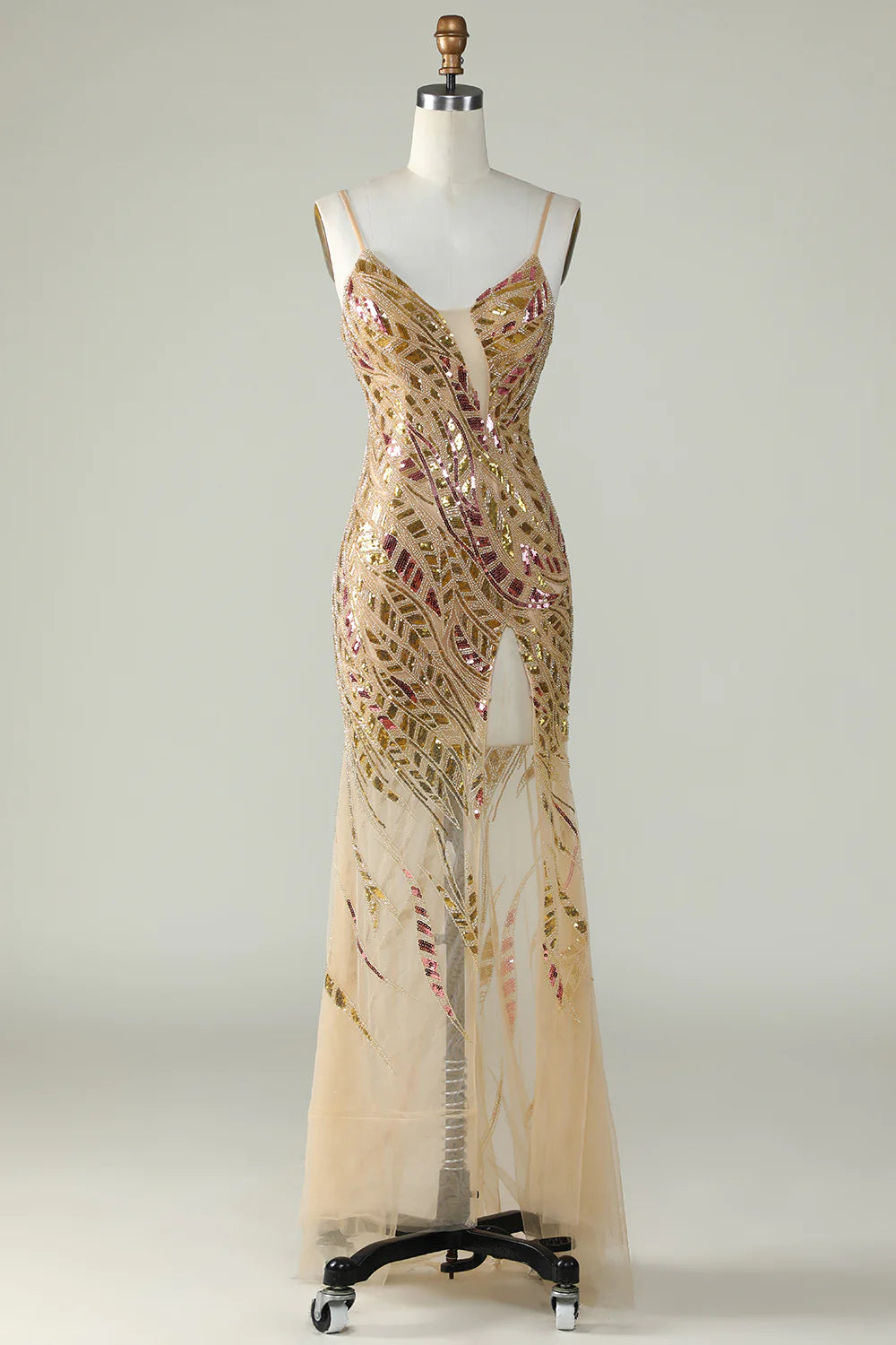 DingJiDress Bling Mermaid Spaghetti Straps Golden Sequins Long Prom Dress with Split Front