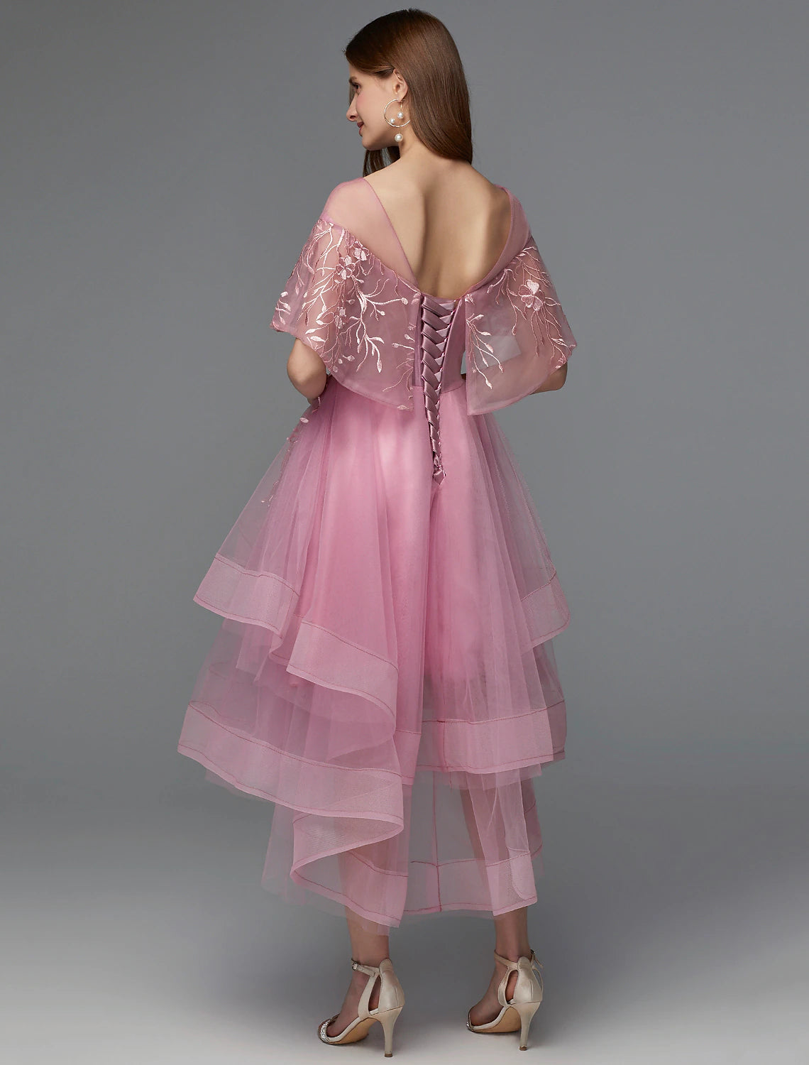 A-Line Elegant Dress Holiday Wedding Guest Asymmetrical Sleeveless Illusion Neck Lace Tie Back with Lace