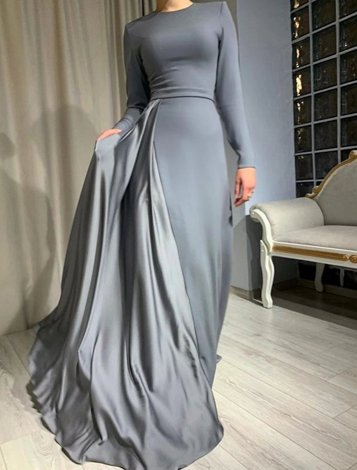 Sheath Party Dress Evening Gown Minimalist Dress Wedding Guest Formal Evening Floor Length Long Sleeve Jewel Neck Satin with Pleats