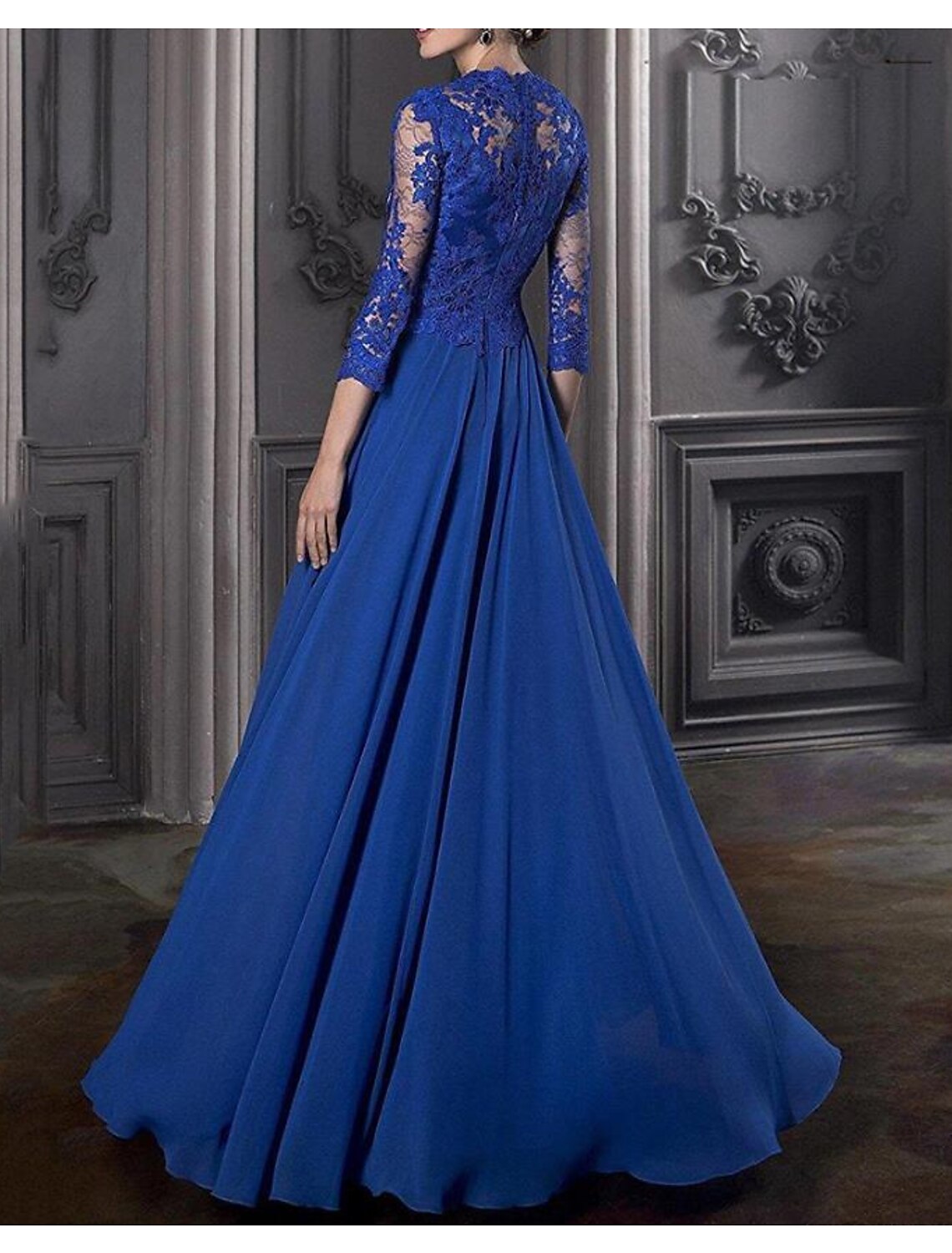 Sheath / Column Evening Gown Elegant Dress Wedding Guest Prom Floor Length 3/4 Length Sleeve V Neck Chiffon with Appliques