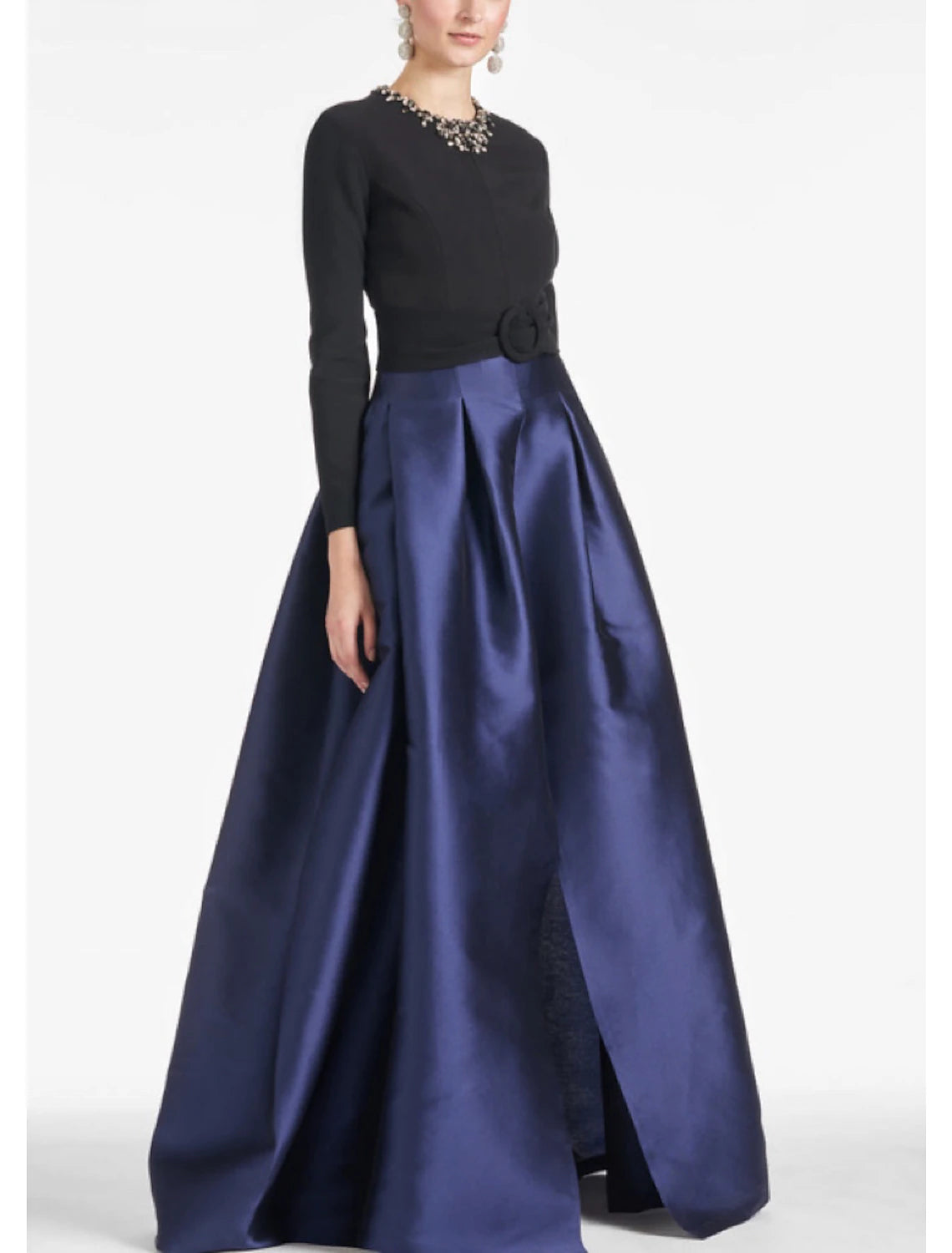A-Line Evening Gown High Split wedding guest Dress Formal Fall Floor Length Long Sleeve color contrast Jewel Neck Satin with Crystals