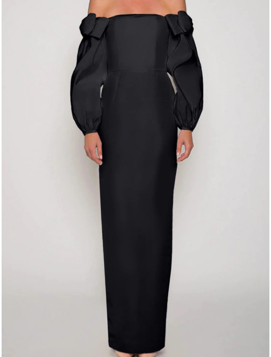Sheath / Column Evening Gown Elegant Dress Formal Christmas Ankle Length Long Sleeve Off Shoulder Satin with Bow(s) Ruched